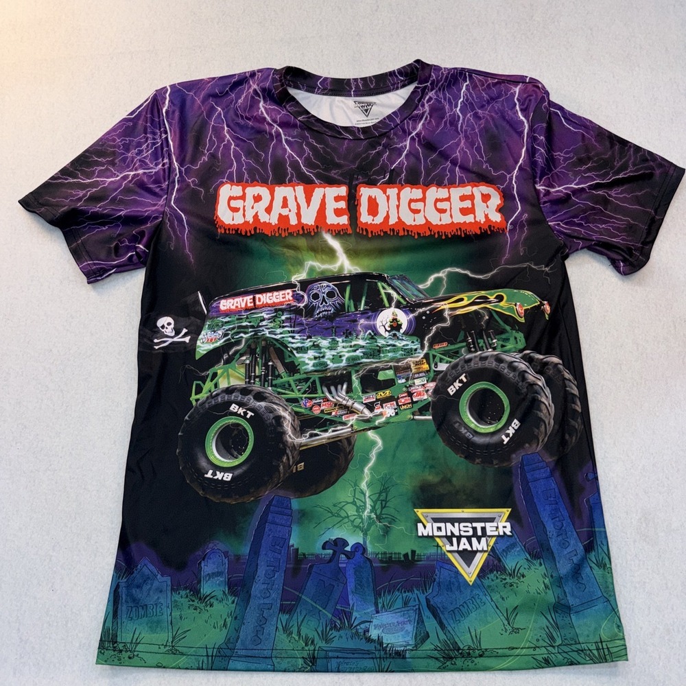 Monster Jam Grave Digger Lightning T-Shirt Size 18/20 All Over Print Graphic Tee